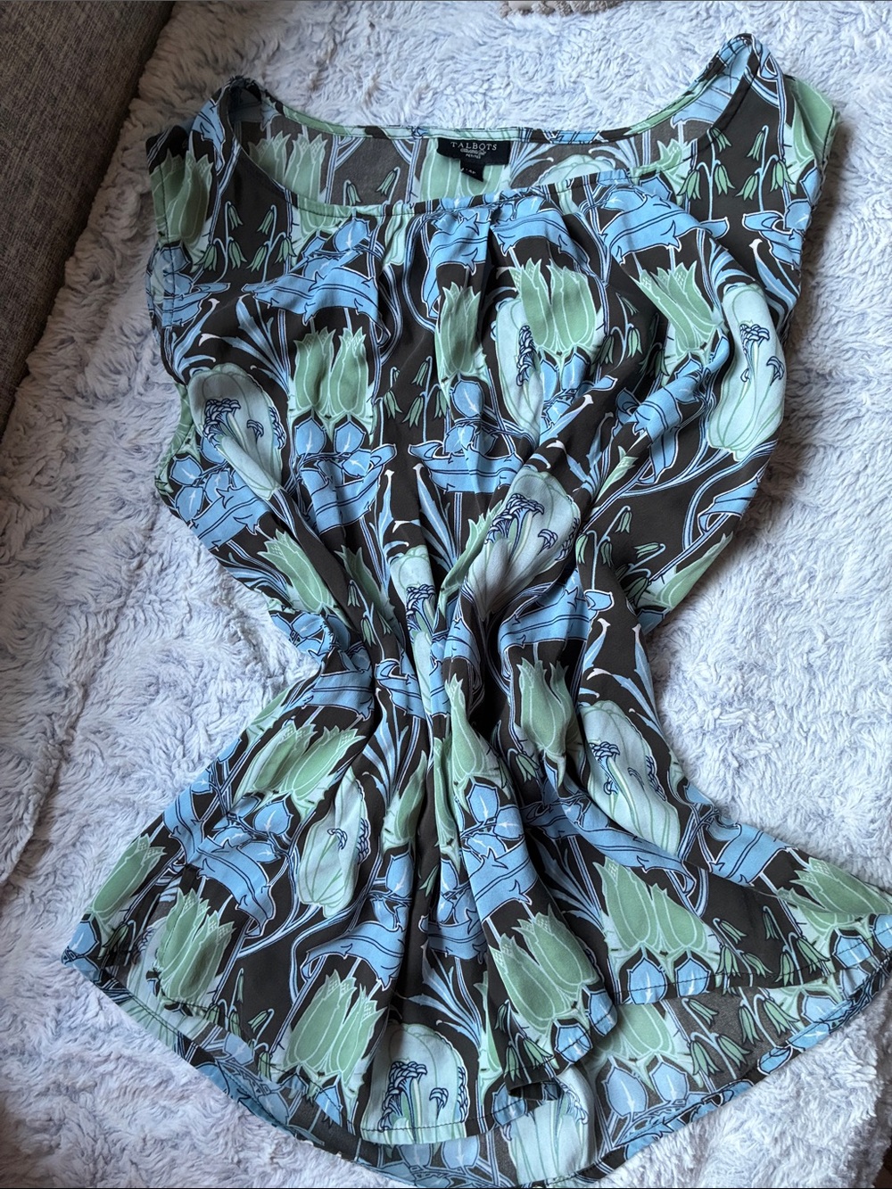 Talbots Black Blouse with Blue and Green Floral Print